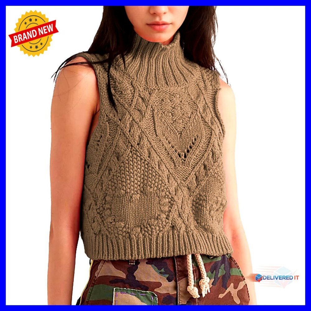 Turtleneck Crochet Sweater Vest Lightweight Knit Sleeveless Pullover - Picture 1 of 7